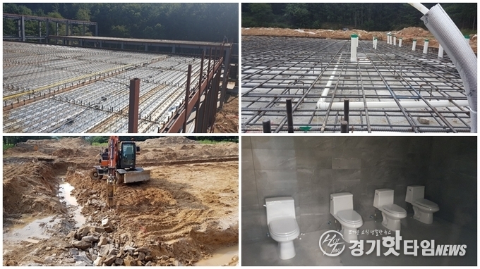 2019년 해당 가설건축물 공사 진행 모습 시계방향으로 데크플레이트 공사, 난방호수 작업, 화장실 시공, 절토 및 성토 현장 모습