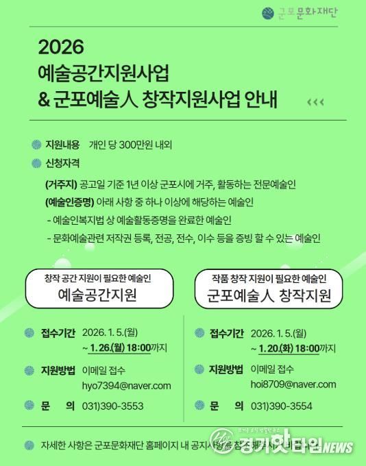 군포문화재단, 예술인 창작환경 강화를 위한 지원사업 공모