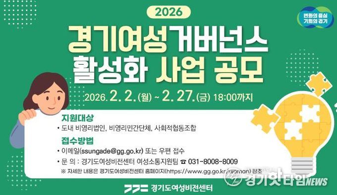 경기도여성비전센터, 경기여성거버넌스 활성화 사업 단체 모집. 최대 1천만 원 지원